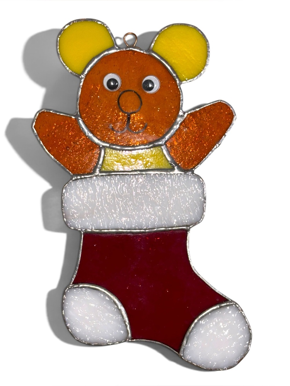 Stained Glass Metal Sun Catcher Stocking Red Orange Vintage Christmas Decor 
8.5
